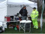 The portable social club building. Mike Durant (left) chats to BMPRS membership secretary Robin Butler.